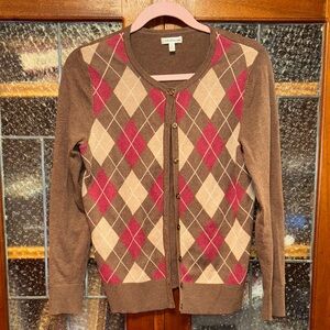 Croft & Barrow Brown and Pink Argyle Cardigan Size Small